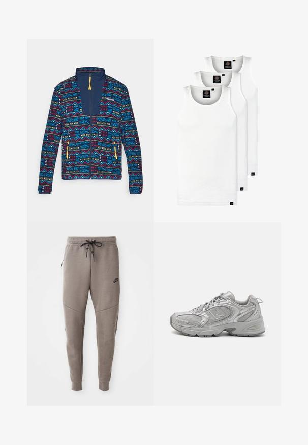 Fleece bunda na zip s modrým, červeným, žlutým a bílým geometrickým vzorem, námořnickým panelem na hrudi a žlutými poutky na zipu na kapsách a vpředu.; Tři bílé žebrované tílka vyrobené z bavlny. Mají kulatý výstřih a malé černé štítky poblíž lemu. Dostupné v několika velikostech.; Šedé Nike tepláky s elastickým pasem na šňůrku, zúženými nohavicemi, bočními kapsami a charakteristickým švem. Měkká, strukturovaná tkanina.; Stříbrná sportovní obuv s elegantním designem, síťovinovými panely, polstrovaným jazykem, texturovaným syntetickým svrškem a gumovou podrážkou pro ochranu proti skluzu.