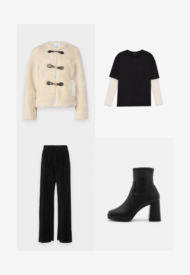 Giacca in pelliccia sintetica color crema con colletto rotondo, chiusura a bottoni a pressione e tasche laterali. Texture morbida con un aspetto soffice.; T-shirt nera in cotone con maniche corte sopra un sotto manica lunga bianca, caratterizzata da una sottile texture. Design con scollo rotondo.; Pantaloni neri a plissé con vita elasticizzata. Presentano gamba ampia e un tessuto liscio e texture con strisce verticali.; Stivaletto in pelle nera con tacco a blocco alto, texture liscia e fascia superiore aderente. Presenta un design senza cuciture senza fissaggi visibili.