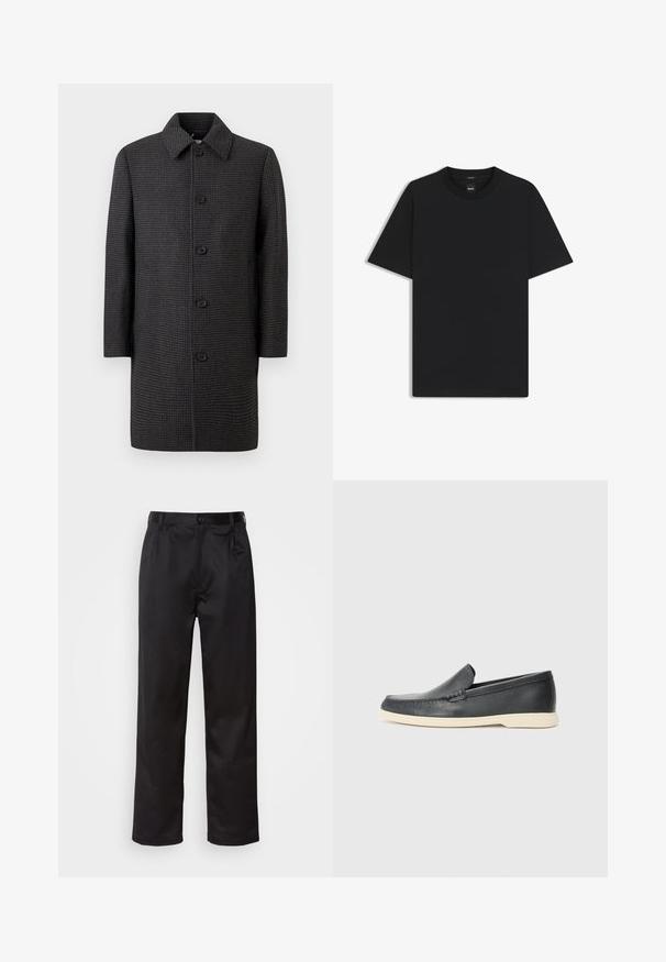 Cappotto a scozzese grigio scuro con colletto a punta e cinque bottoni neri sul davanti, maniche lunghe e taglio dritto.; Maglietta nera a maniche corte realizzata in un morbido misto cotone, con scollatura a girocollo e un design minimalista senza motivi o dettagli.; Pantaloni neri realizzati in tessuto morbido, con chiusura frontale a bottone, pieghe e gambe dritte. Nessun motivo o accento visibile.; Mocassini neri in pelle con finitura testurizzata e suola in gomma beige a contrasto. Presentano un accento sottile lungo la parte anteriore.