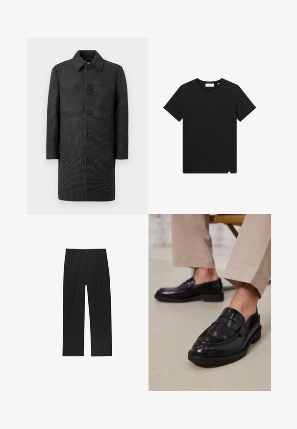 Tmavě šedý kabát s kostkovaným vzorem houndstooth, s špičatým límcem a pěti černými knoflíky vpředu, s dlouhými rukávy a rovný střih.; Černé tričko s krátkým rukávem vyrobené z bavlny, s kulatým výstřihem a malým vyšitým logem na hrudi. Hladká textura, standardní střih.; Černé kalhoty s rovnými nohavicemi, vyrobené z hladké tkaniny. Mají přední záhyby a jedno knoflíkové zapínání v pase.; Černé kožené loafers s hladkým povrchem, zdobené páskem a kontrastním prošíváním, spárované s béžovými kalhotami.