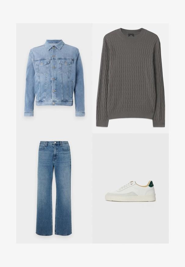 Light blue denim jacket with a collared neckline, six-button closure, two chest pockets, and minimal distressing on the fabric.; Armani Exchange Jumper - dark gull zig zag; Wide-leg blue jeans made of denim with a faded finish. Features five pockets, a front button closure, and a straight cut.; White sneaker with suede accents, rounded toe, flat laces, and a cream rubber sole. Features green branding on the heel.