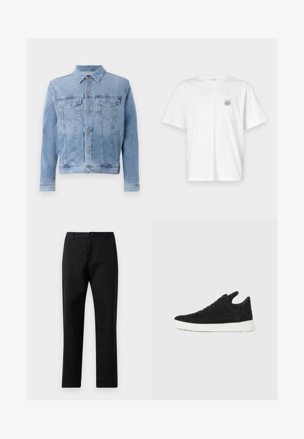 Svetlo modra jeans jakna s ovratnikom, zapiranjem na šest gumbov, dvema prsima žepoma in minimalnim obrabljenim videzom tkanine.; Bela majica iz bombaža s kratkimi rokavi, okroglim izrezom in majhnim sivim logotipom na levi strani prsnega dela. Gladka tekstura.; Črne trdne hlače z ravnimi nogami, z gumbom in zadrgo, z luknjami za pas in sprednjimi žepi, prikazane na belem ozadju.; Črne semiš športne copate z belo gumijasto podplatom, ki imajo toneče šive in vezalni dizajn. Gladka tekstura z modernim, poenoteno oblikovano silhueto.