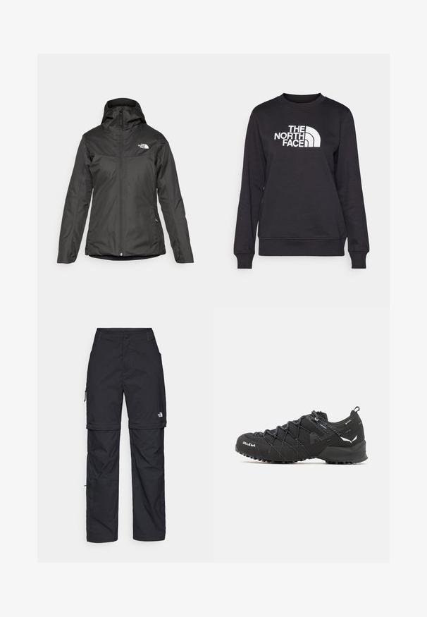 Black insulated jacket featuring a hood, full front zip, and elastic cuffs. Made of smooth, water-resistant material with logo detail.; Black sweatshirt with a crew neck, long sleeves, ribbed cuffs, and a white "The North Face" logo centered on the front. Smooth texture.; Black nylon zip-off cargo trousers with adjustable cuffs, multiple pockets, and a logo on the right leg. Smooth, lightweight texture.; Black hiking shoes with a textured fabric upper, lacing system, and rugged rubber sole. Accented with reflective details and logos.
