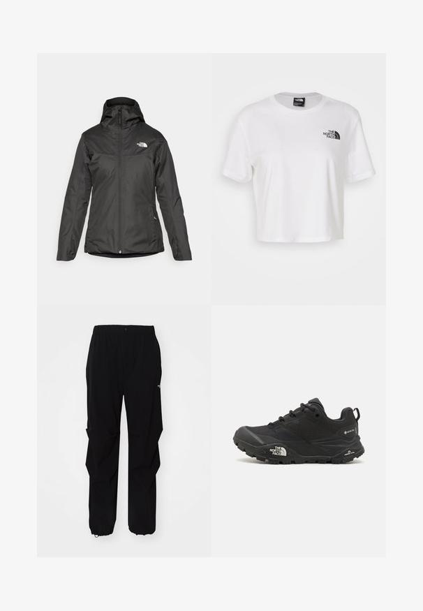 Črna izolirana jakna s kapuco, polnim sprednjim zadrgo in elastičnimi manšetami. Narejena iz gladkega, vodoodpornega materiala z logotipom.; Bela skrajšana majica iz bombaža z okroglim izrezom in kratkimi rokavi. Ima črn logotip na levem prsnem delu.; Črne zunanje hlače iz trpežnega materiala, s sproščenim krojem, elastičnim pasom in odprtinami na koncu, ki omogočajo prilagodljivo dolžino.; Črne pohodne čevlje z teksturirano zgornjim delom, vezalnim zapiranjem in masivnim gumijastim podplatom, ki ima opazen logotip na strani in vzorce profila.