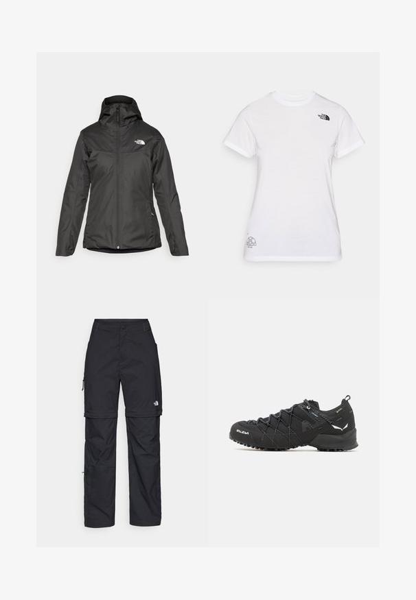Fekete, szigetelt dzseki kapucnival, teljes elülső cipzárral és rugalmas mand zsebekkel. Zömében sima, vízálló anyagból készült, logó részlettel.; Fehér pamut póló, bal mellen fekete logóval és a jobb alsó sarokban szürke grafikai dizájnnal. Klasszikus kerek nyakú és rövid ujjú.; Fekete nylon zipzáras cargo nadrág állítható mandzsettával, több zsebbel és logóval a jobb lábon. Simább, könnyű textúra.; Fekete túracipők texturált szövet felső résszel, fűzési rendszerrel és strapabíró gumitalppal. Reflektáló részletekkel és logókkal díszítve.