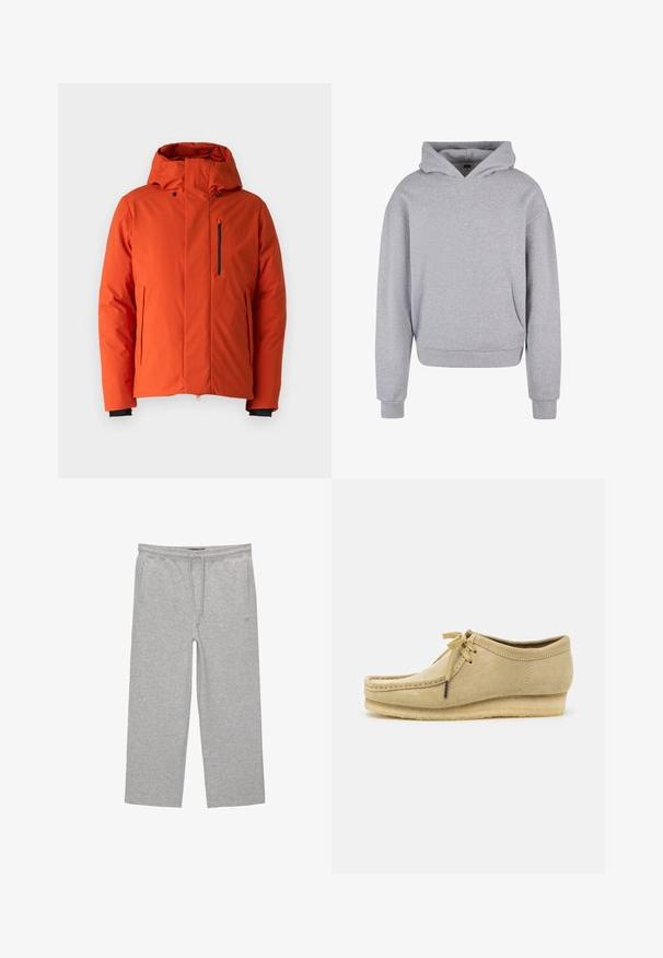 Save the duck ULMUS - Giacca invernale - maple orange; Felpa grigia in cotone con tasca frontale, cappuccio con cordino e polsini e orlo a coste. Presenta una finitura morbida e testurizzata.; Pantaloni lounge grigi in cotone con cintura elastica, cordoncino e due tasche laterali; design a gamba dritta, morbida al tatto, senza motivi.; Scarpa in suede beige con design a lacci, dettagli cuciti e suola in gomma. La forma è casual con un leggero tacco a cuneo.