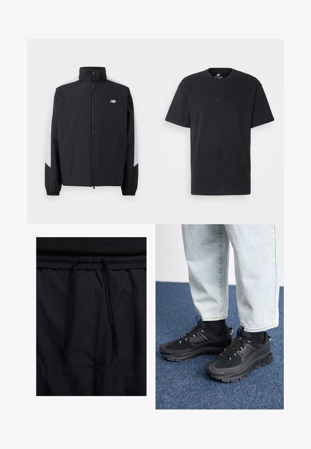 Juoda striukė su aukštu apykakle, priekiniais užtrauktukais ir pilkomis detalėmis ant pečių. Sukurta su elastingais rankogaliais ir šoninėmis kišenėmis.; Juodas medvilninis Nike marškinėliai su klasikinėmis apykaklėmis, trumpomis rankovėmis ir subtiliu, įspaustu logotipu ant krūtinės. Sklandus tekstūra.; Juodos šortai su raišteliu juosmens srityje, lengva medžiaga su lygiu paviršiumi ir paprastas dizainas be matomų logotipų ar raštų.; Juodi sportiniai bateliai su tekstūruota medžiaga ir guminiais padais, su elastingomis raišteliais ir mėlynu akcentu ant kulno. Dėvimi su šviesiai mėlynomis džinsinėmis kelnėmis.