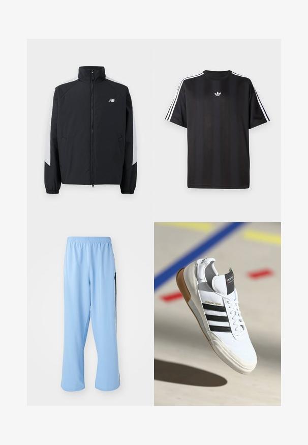 Fekete dzseki magas gallérral, elülső cipzárral és szürke részletekkel a vállakon. Rugalmas mandzsettákkal és oldalzsebekkel rendelkezik.; Fekete, rövid ujjú póló fehér háromcsíkos díszítéssel a vállakon és egy kis fehér logóval a mellkasán. Simább anyag textúra.; Világoskék sportnadrág sima anyagból, elasztikus derékrésszel és kontrasztos fekete oldalsávokkal.; Fehér Adidas Mundial Goal sneaker fekete csíkokkal és gumitalppal, a levegőben egy sportpálya padlóján látható, színes vonalakkal.