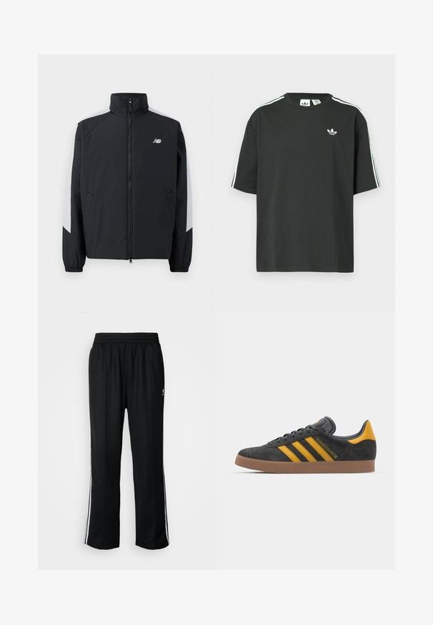 Melna jaka ar augstu apkakli, priekšējo rāvējslēdzēju un pelēkiem akcentiem uz pleciem. Aprīkota ar elastīgiem piedurknēm un sānu kabatām.; Melna kokvilnas T-krekls ar īsām piedurknēm, apaļu kakla izgriezumu un baltām trim svītrām uz pleciem. Uz krūtīm neliels balts logo.; Melni sporta bikses ar elastīgu jostas vietu, kurām ir baltas sānu svītras un neliels logotips. Materiāls izskatās mīksts un viegls.; Melnas zamšādas kedas ar dzelteniem akcentiem, kurām ir trīs svītras un brūna gumijas zole. Iekļauta mīksta valkāšanas tongue komfortam.