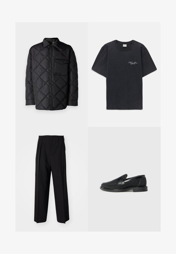 Crna jakna od prešane tkanine s dijamantnim uzorkom, dugim rukavima, ovratnikom i džepom na prsima. Glatka tekstura i zatvaranje na dugmad.; Crna majica kratkih rukava s okruglim izrezom s malim bijelim logotipom "Filling Pieces" na lijevoj strani prsnog koša.; Crne plisirane hlače s ravnim širokim nogavicama. Izrađene od glatkog materijala, s dugmadi za zatvaranje i petljama za remen.; Crne pletene cipele bez pertli s glatkim kožnim naglaskom na gornjem dijelu, s dizajnom okruglog nosa i niskoprofilnom gumenom đonom.