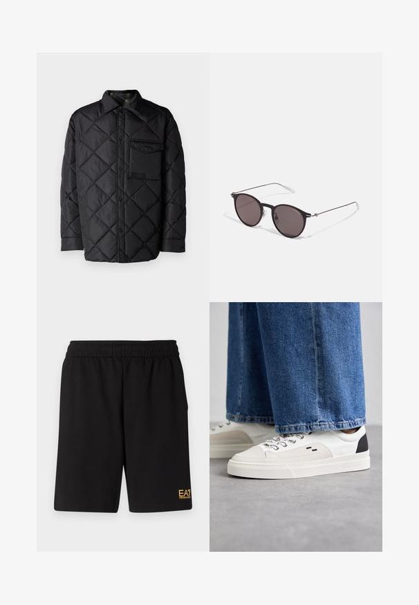Črna prešita jakna z diamantom, dolgi rokavi, ovratnik in žep na prsih. Gladka tekstura in zapiranje na sponko.; Bela bombažna majica s krožnim izrezom in kratkimi rokavi, s pozlačenim logotipom EA7 Emporio Armani natisnjenim spredaj.; Črne športne kratke hlače iz mehkega blaga, z elastičnim pasom in majhnim rumenim logotipom EA7 na spodnjem levem delu noge.; Bela in črna športna obuvala z gladkim usnjenim zgornjim delom, teksturiranimi detajli in masivnim belim podplatom. Imajo klasičen dizajn z vezalkami.; Črne okrogla sončna očala s temnimi lečami in tankimi kovinskimi ročaji. Vključujejo prosojne konec ročajev in srebrne poudarke na tečaju. Minimalističen dizajn.