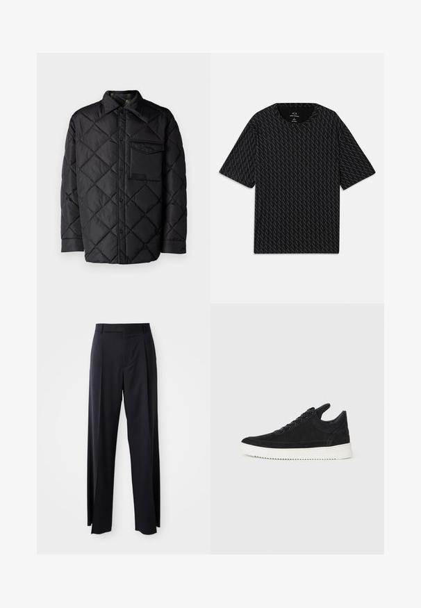 Melnā quiltota virsjaka ar dimanta rakstu, garām piedurknēm, apkakli un krūšu kabatu. Gluda tekstūra un spiedpogu aizdare.; Melna t-kreklu ar teksturētu pārveidojumu, kurā mijas 'A' logotipi, īsām piedurknēm un apaļu kakla izgriezumu. Izgatavots no viegla auduma.; Melnas, augstās vidukļa bikses ar platām kājām, izgatavotas no gludas auduma. Iezīmē priekšējās krokas un jostas cilpas. Minimalistisks dizains, bez redzamām detaļām.; Melna zamša apavi ar baltu gumijas zoli, ar tonālu izšuvumu un auklu dizainu. Gluda tekstūra ar mūsdienīgu, plūstošu formu.
