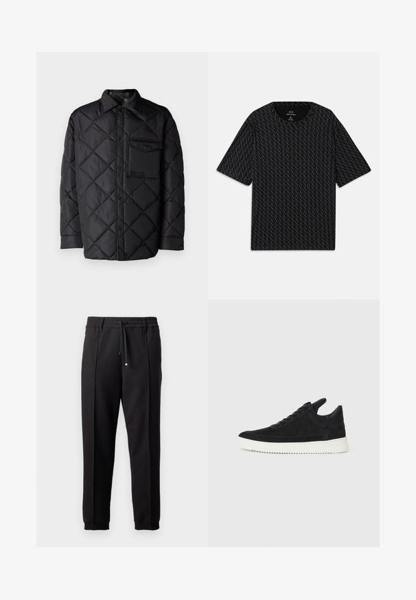 Black quilted jacket with diamond pattern, long sleeves, a collar, and a chest pocket. Smooth texture and snap-button closure.; Black T-shirt featuring a textured pattern of alternating 'A' logos, short sleeves, and a crew neckline. Made from lightweight fabric.; Black trousers with a waistband, drawstring, and elastic cuffs. Features pleats and a smooth, textured fabric.; Black suede sneaker with a white rubber sole, featuring tonal stitching and lace-up design. Smooth texture with a modern, streamlined shape.