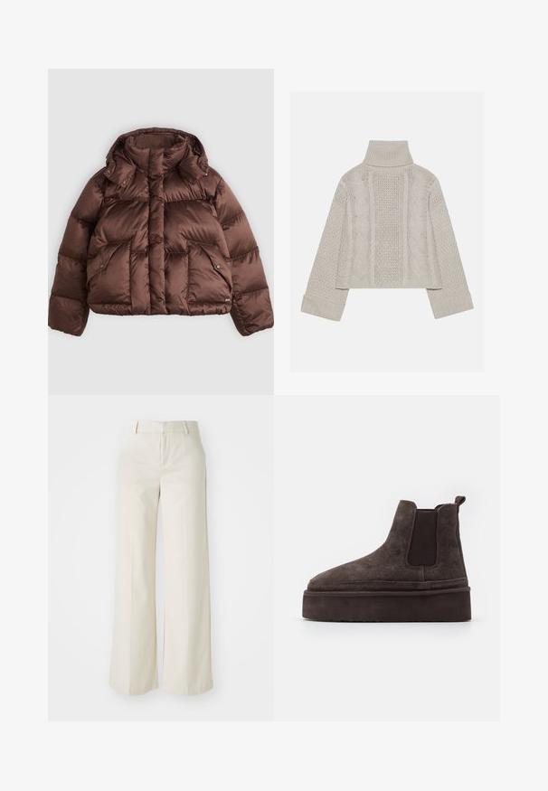Casaco puffer castanho com gola alta, botões de pressão e dois bolsos frontais. Feito de um tecido acolchoado e brilhante com um design cropped.; Suéter tricotado cinza claro, cortado, com gola alta e punhos canelados, apresentando padrões de cabos texturizados ao longo das costas e dos lados.; Calças largas numa cor bege clara, feitas de um tecido suave. Apresentam uma cintura clássica e parte da frente lisa com linhas limpas.; Botas Chelsea em suede castanho com painéis laterais elásticos e uma sola plataforma grossa e texturizada. Apresenta uma alça na parte de trás para facilitar o calce.