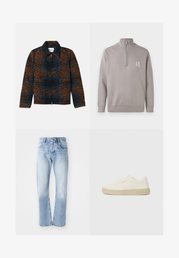 Wool blend jacket with a collar, featuring a multicolored pattern of dark blue, orange, and brown. Front zip closure and side pockets.; Light gray quarter-zip pullover made of soft material, featuring a small white logo on the chest and elasticated cuffs and hem.; Light blue denim jeans with a straight-leg cut. Features a five-pocket design, button fly, and faded texture towards the bottom.; White canvas sneakers with a textured rubber sole, featuring a stitched toe cap and logo accent on the heel. Simple lace-up design.