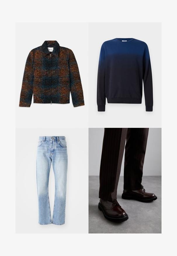 Wollmischung Jacke mit Kragen, ausgestattet mit einem mehrfarbigen Muster in Dunkelblau, Orange und Braun. Vorderer Reißverschluss und Seitentaschen.; Blauer zu schwarzer Ombre-Pullover, Rundhalsausschnitt, lange Ärmel, weicher Stoff, gerippte Bündchen und Saum, minimalistisches Design ohne Muster oder Akzente.; Helle blaue Jeans mit geradem Schnitt. Verfügt über ein Fünf-Taschen-Design, einen Knopfverschluss und eine ausgewaschene Textur zum unteren Bereich hin.; Braune Leder Schnürschuhe mit glänzender Oberfläche, schwarzer Gummisohle und dezenten Nähten. Getragen mit braunen Angabenhosen mit Nadelstreifen.