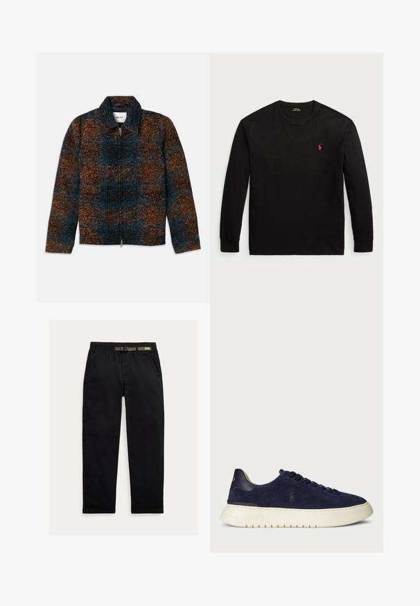 Wool blend jacket with a collar, featuring a multicolored pattern of dark blue, orange, and brown. Front zip closure and side pockets.; Black long-sleeve t-shirt made of cotton. Features a crew neck, ribbed cuffs, and a small red embroidered logo on the chest. Smooth texture.; Black pants made of lightweight fabric, featuring an elastic waistband with an integrated green belt, straight-leg cut, and side pockets.; Navy suede low-top sneaker with a textured surface, rubber sole, and tonal laces, featuring a small logo on the side and heel.