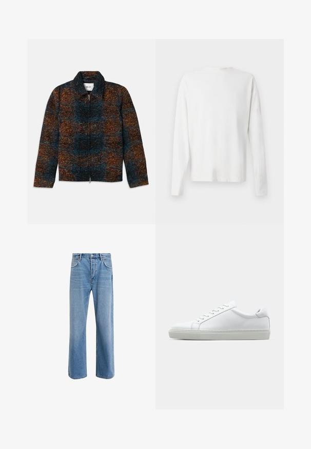 Giacca in misto lana con colletto, caratterizzata da un motivo multicolore in blu scuro, arancione e marrone. Chiusura frontale con zip e tasche laterali.; Camicia bianca in cotone a maniche lunghe con scollatura rotonda, spacchi laterali in fondo e una texture liscia, mostrata da dietro.; Jeans in denim blu chiaro con design a gamba dritta, cinque tasche, chiusura con bottone, leggero sbiadimento e dettagli di cucitura a contrasto.; Sneaker bianco con tomaia in pelle liscia e profilo basso. Presenta una punta arrotondata, sei occhielli e una suola in gomma testurizzata.