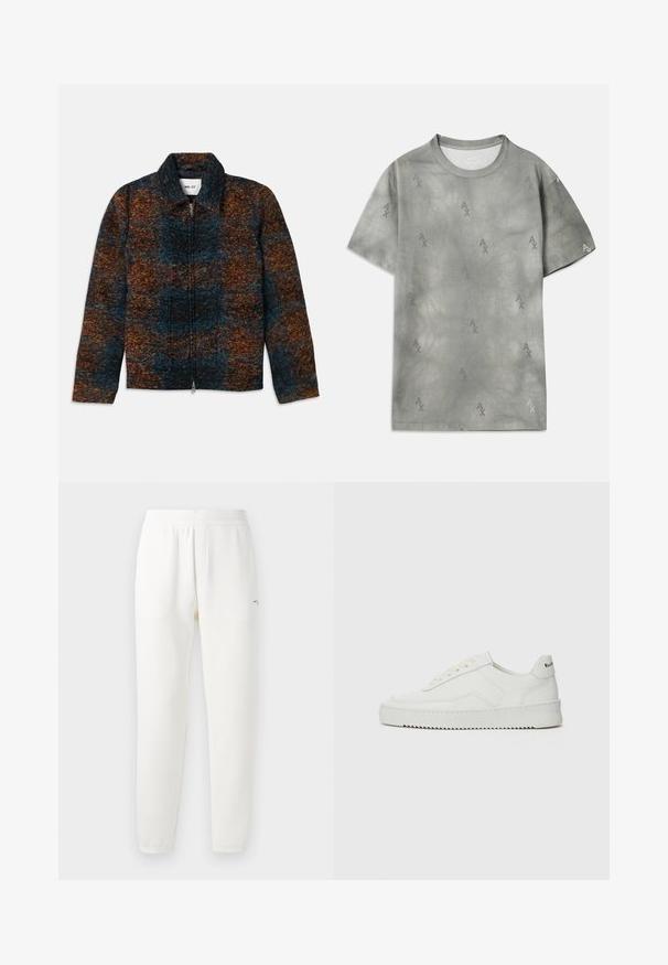 Villasegu villane jakk kraega, millel on mitmevärviline muster tumesinse, oranži ja pruuni tooniga. Esiküljel on tõmblukk ja küljetaskud.; Hall hallide hõbedane t-särk, millel on peen AX logo muster, ümar kaelus, lühikesed varrukad ja vabalt istuv lõige. Sujuv tekstuur ja kergelt pleekinud stiil.; Valged dressipüksid, mis on valmistatud pehmest kangast, elastse vöökohtaga, kitsenevate jalgadega ja väikese logoga vasakul poolel.; Valge nahast tennis, millel on sile põhi, ümar varvas, lamedad nöörid ja tekstuuriline tall. Sisaldab diskreetset logo kontsaribal.