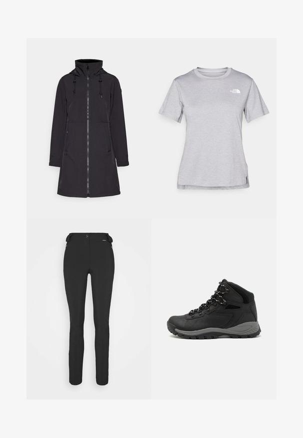 Fekete, vízálló kabát sima anyagból, magas gallérral, állítható kapucnival, elöl cipzáros, két oldalsó zsebbel és hosszú ujjakkal.; Szürke, rövid ujjú póló, puha, nedvességet elvezető anyagból készült. Kerek nyakú, és egy kis fehér logó található a bal felső részen.; Fekete, testhezálló nadrág rugalmas anyagból. Jellemzők: cipzáras oldalzseb, artikulált térdek és sima felület.; Fekete túracipő közepes magasságú kialakítással, texturált felsőrésszel, szürke részletekkel és strapabíró gumitalppal, amelynek tapadós kiemelkedései vannak.