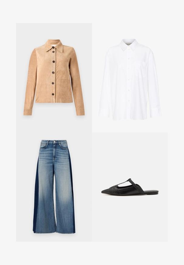 CLOSED JACKET - Jachetă piele - beige; Cămașă albă cu mânecă lungă și guler, fabricată din bumbac. Are un închidere cu băta pe față și un singur buzunar pe piept. Textură netedă, croială lejeră.; Jeans din denim cu picioare largi, având un design bicolor, cu fața de culoare albastru deschis și panouri laterale de culoare albastru închis, cu un brâu clasic și închidere cu buton.; Pantofii din piele neagră cu curea la spate au vârful ascuțit, prezentând un accent țesut și un design superior pliat. Talpa joasă cu hardware minim.