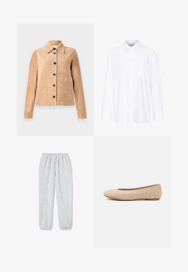 CLOSED JACKET - Nahkjakk - beige; Valge pika käisega krae särg, mis on valmistatud puuvillast. Omab nööbipaneeli esiosa ja ühte rinna taskut. Sujuv tekstuur, vabalt lõigatud.; Hallkondid pehmetest kangast hallid dressipüksid, millel on elastne vöökoht koos nööriga ja elastsed mansetid pahkluudel.; Beeži nahk balletitossud ümarate varvastega, minimaalse õmbluse detailiga, madala kanna ja diskreetse logoga taga. Sile, mati tekstuur.