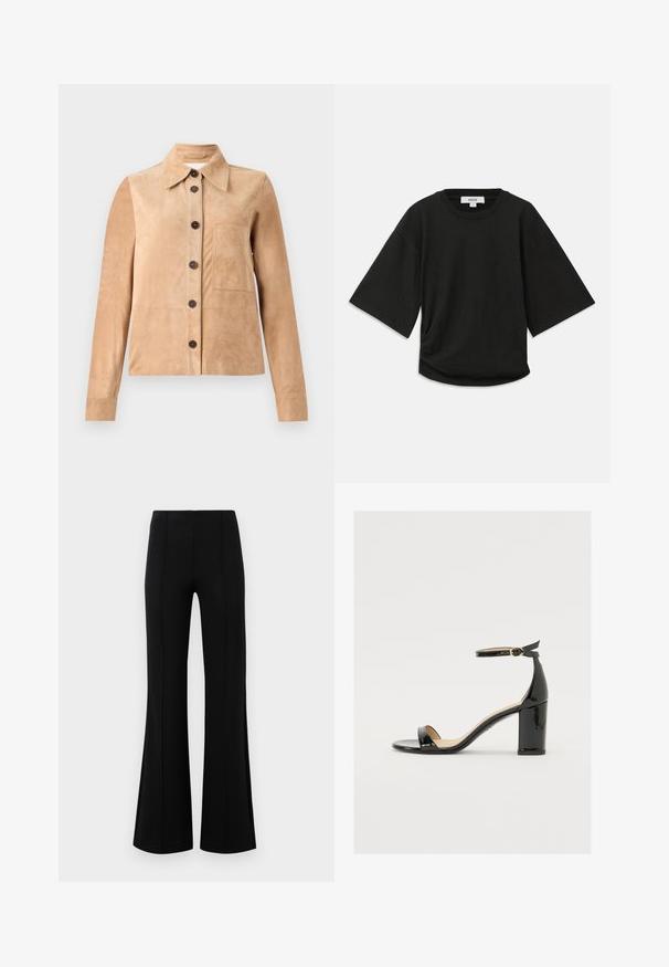 CLOSED JACKET - Jachetă piele - beige; Tricou negru cu mânecă scurtă, fabricat din bumbac moale, cu un decolteu rotund și o croială lejeră, având un detaliu subtil plisat pe lateral.; Pantaloni negri evazați, cu talie înaltă, fabricați dintr-un material elastic. Prezintă detalii cu cusături verticale în față și o textură netedă.; Sandal cu toc lat din piele lacuită neagră, cu vârf deschis și curea pentru gleznă, având o cataramă aurie. Textură netedă și design elegant.