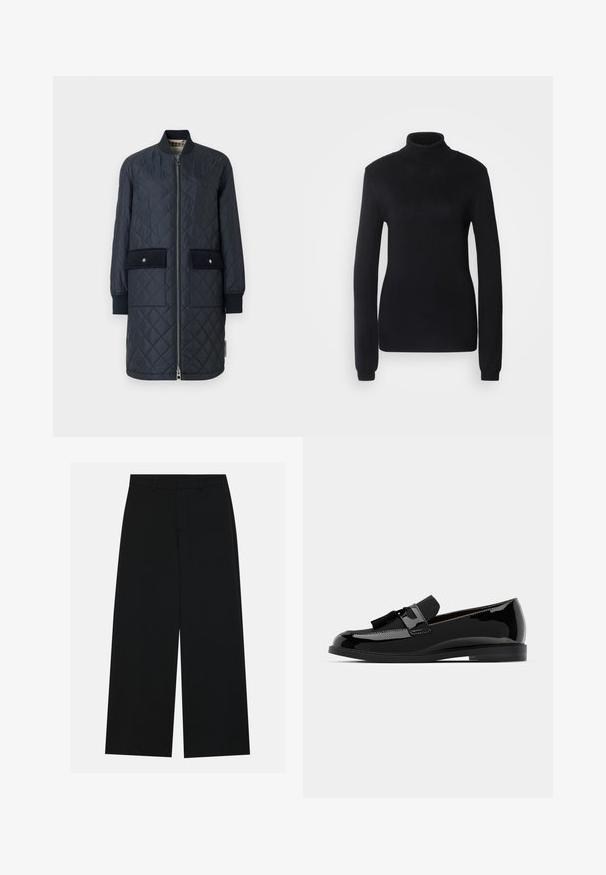Námornícky prešívaný dlhý kabát s pruhovaným golierom, predným zipsom a dvoma veľkými prednými vreckami. Má hladkú textúru a akcentové švy.; Čierny rolák vyrobený z jemného pleteného materiálu, s dlhými rukávmi a priliehavým strihom, s rebrovaným golierom a lemom.; Pohodlné čierne nohavice s širokými nohavicami vyrobené z hladkého materiálu. Majú plochý pás s pútkami na opasok a žiadne viditeľné vrecká. Jednoduchý dizajn.; Čierne lakované kožené loafery s plochým podpätkom, s akcentom na mušľu a hladkým povrchom, navrhnuté s okrúhlou špičkou a jemným prešívaním.