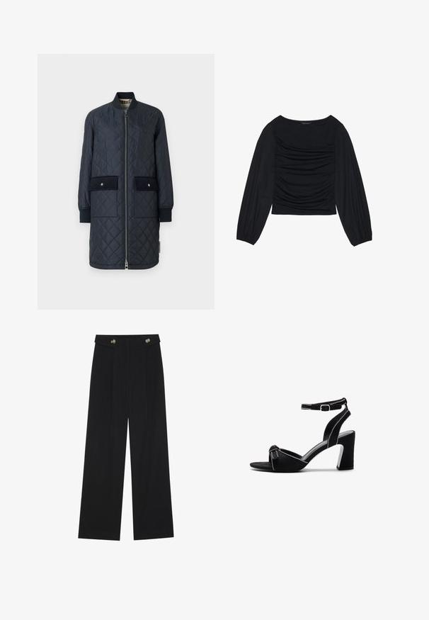 Marineblå, quilted lang jakke med ribbet krage, frontglidelås og to store lommer foran. Har en jevn tekstur og kontrastsøm.; Svart langermet topp med rynket stoffdetalj foran og ved håndleddene, laget av mykt, elastisk materiale med båthals.; Svart vide bukser med høy midje, knappdetaljer på midjebåndet og frontplisser.; Sorte semskede hælede sandaler med en bred blokhæle, justerbar ankelrem, åben tå-design og kontrastsyede detaljer.