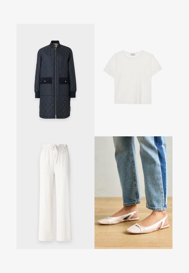 Jūras spēku krāsas siltināta garā jaka ar ribotu apkakli, priekšējo rāvējslēdzēju un divām lielām priekšējām kabatām. Iezīmējas ar gludu tekstūru un akcentējošo diegu šuvēm.; Balts īsām piedurknēm T-krekls, kas izgatavots no mīksta kokvilnas. Tam ir apaļš izgriezums un brīvs piegriezums. Tīrs dizains bez redzamām rakstiem vai akcentiem.; Baltas platās bikses, izgatavotas no mīkstas auduma, ar punktu jostas vietā un gludu tekstūru. Nav redzami raksti vai rotājumi.; Bālti rozā siksniņu dzīvokļi ar smailu purngalu, izgatavoti no gludas ādas līdzīgās materiāla. Iezīmē izgriezumu detaļas sānos un platu papēdi.