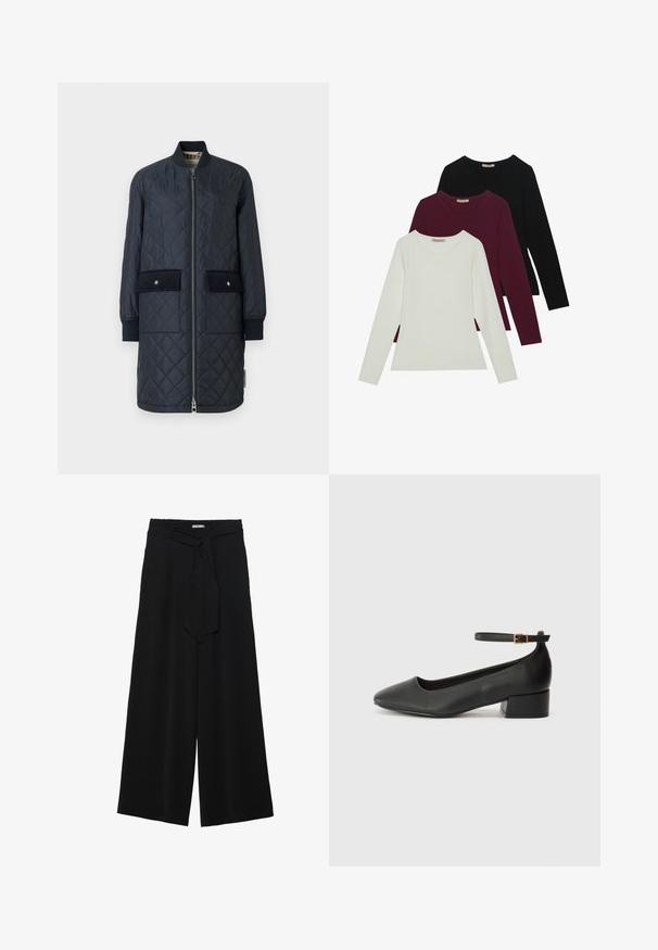 Tumed väljakudega pikem jope, millel on ribistik, ees lukk ja kaks suurt taskut. Omab siledat tekstuuri ja aktsentõmblusi.; Pikad varrukad T-särgid valges, burgundis ja mustas. Valmistatud pehmest kangast, ümmarguse kaelusega ja keha lähedase kujundusega. Sobivad kihiliseks kandmiseks.; Mustad laiad püksid, millel on tekstureeritud kangas, elastne vöökoht ja eemaldatav pael vööst, et reguleerida sobivust.; Must mustaapp, millel on terav nina ja madal blokk-kand. Omab pahkluu rihma koos kuldse tooni pandlaga. Sile tekstuur.