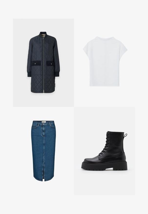 Marineblå, quilted lang jakke med ribbet krage, frontglidelås og to store lommer foran. Har en jevn tekstur og kontrastsøm.; Hvit kortermet topp med avslappet passform, lett tekstur og rund halslinning. Bakfra viser den en jevn og enkel design.; Mørkeblå denim blyantskjørt med frontslitt, fem lommer og kontraststing. Midjehøyde med klassisk design.; Sorte skinn ankelstøvler med rund tå, snøring foran og tykk gummisåle med teksturert mønster. Håndtak bak.
