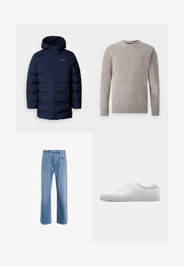 Nám.modrá péřová bunda s kapucí, s předním zipem, elastickými manžetami a dvěma bočními kapsami. Látka má hladký povrch.; Svetle šedý pletený svetr s kulatým výstřihem, dlouhými rukávy a žebrovanými manžetami a lemem. Texturovaný vzor s barevnými skvrnami.; Světle modré džínové kalhoty s rovnými nohavicemi, pěti kapsami, zapínáním na knoflík, minimálním vyblednutím a kontrastním prošitím.; Bílé tenisky s hladkým koženým svrškem a nízkým profilem. Mají zaoblenou špičku, šest nýtů a texturovanou gumovou podrážku.