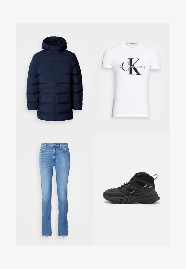 Navy blue padded jacket with a hood, featuring a front zipper, elastic cuffs, and two side pockets. Fabric has a smooth texture.; Valkoinen puuvillateeppari, jossa on musta "CK"-logo ja "Calvin Klein Jeans" -teksti, lyhyet hihat ja klassinen pyöreä kaula-aukko.; Vaalean siniset slim-fit farkut, joissa on etuvetoketju ja nappikiinnitys, viisi taskua sekä hienovarainen haalistuminen reisiä ja polvia kohdalla.; Mustia vaeltajakenkiä, joissa on kerroksellinen muotoilu, teksturoitu kangas ja kumipohja. Kenkien vahvistettuja alueita ja nauhakiinnitys edessä.