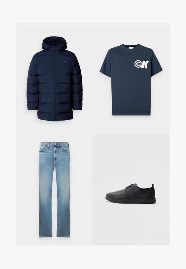 Marineblauwe gewatteerde jas met capuchon, voorzien van een ritssluiting aan de voorkant, elastische manchetten en twee zijzakken. De stof heeft een gladde textuur.; Marineblauw T-shirt met korte mouwen en ronde hals, voorzien van een witte CK-logo en de tekst "Calvin Klein" op de linkerborst.; Lichtblauwe spijkerbroek met rechte pijpen, ontwerp met vijf zakken en een vervaagde afwerking. Voorzien van een knoopsluiting en riemlussen.; Zwarte leren sneaker met een gladde afwerking, ronde neus, tonale stiknaden, vetersluiting aan de voorkant en een vlakke rubberen zool. Lussje aan de hak.