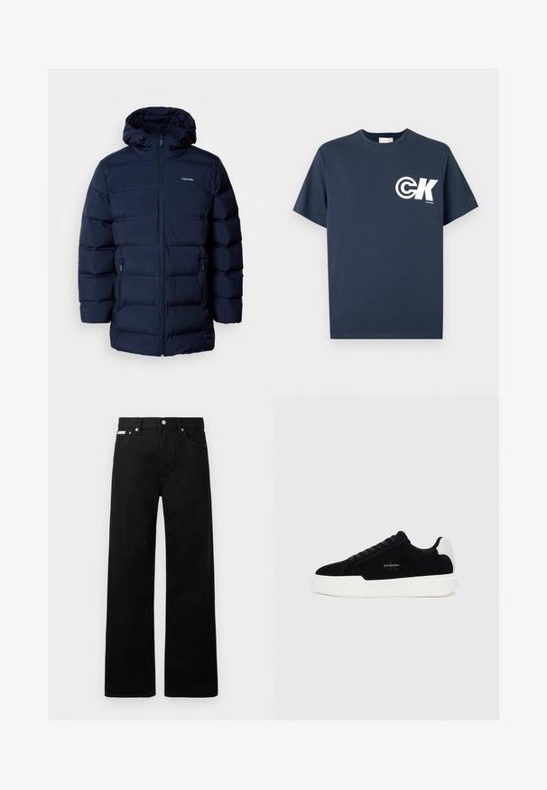 Jūras zilas pildītas jakas ar kapuci, kurai ir priekšējais rāvējslēdzis, elastīgas aproces un divas sānu kabatas. Audumam ir gluda tekstūra.; Tumši zils T-krekls ar īsām piedurknēm un apaļu kakla izgriezumu, kreisajā krūtīs balts CK logotips un "Calvin Klein" teksts.; Melni džinsi ar platajiem bikšu dizainu, ar piecām kabatām un metāla pogām. Gluda tekstūra, bez redzamām rakstu detaļām.; Melni zema profila sporta apavi ar baltu zoli un papēdi, ar šņorēm priekšpusē un Calvin Klein logo sānos.