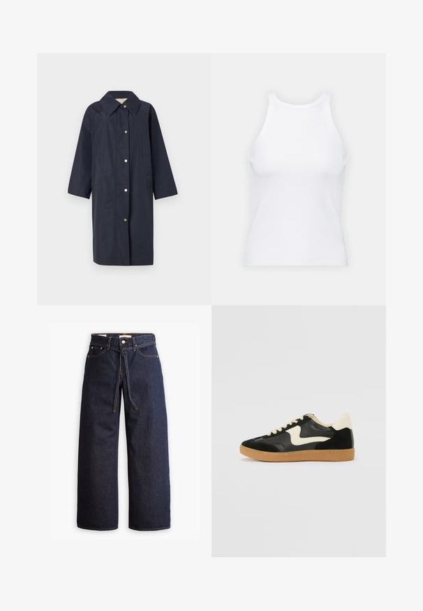 Navy raincoat with a wide collar, long sleeves, two side pockets, and gold snap buttons down the front. Smooth, water-resistant material.; White sleeveless tank top made of ribbed fabric, featuring a rounded neckline and a fitted silhouette, with minimal seams and no embellishments.; Wide-leg dark blue denim jeans with a high waist, featuring a drawstring tie, five pockets, and contrasting stitching details.; Black suede and leather sneaker with a cream side swoosh and light cream heel. Features beige laces and a gum rubber outsole.