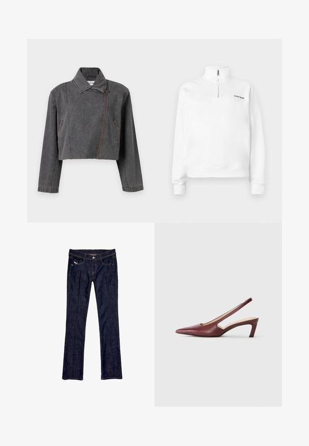 Cropped gray denim jacket featuring a pointed collar, asymmetric zip closure, and two side pockets with zipper detailing.; White pullover sweatshirt with a high collar and half-zip closure. Features a small black logo on the chest and ribbed cuffs. Smooth texture.; Dark blue denim jeans with a straight leg design, featuring a front button closure, five pockets, and visible stitching along the seams.; Burgundy slingback heels with a pointed toe, cutout details on the side, and a mid-height block heel. Smooth leather finish.