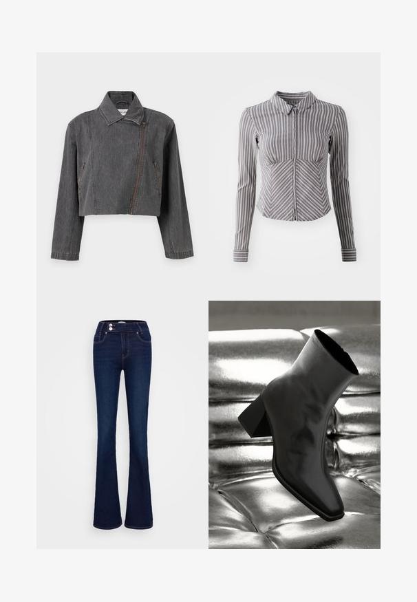 Lühendatud hall denimjakker, millel on terav krae, asümmeetriline tõmblukk ja kaks küljetaskut tõmbluku detailidega.; Hall liib seljaga hall pikkade varrukatega särk, millel on vertikaalsed valged triibud, kollane kaelus ja tõmblukuga eesosa. Omab figuuri rõhutavat lõiget ja kõverat alumist serva.; Tumedad sinised laiad teksapüksid, millel on kõrge talje, kaks eesmist taskut ja kaks nööbikinnitust. Valmistatud siledast denimist.; Must musta narmand, läikiva materjali ja ruudukujulise varbaga ning kitseneva kontsaga, paigutatud läikiva hõbedaselt tuftitud tausta ette.