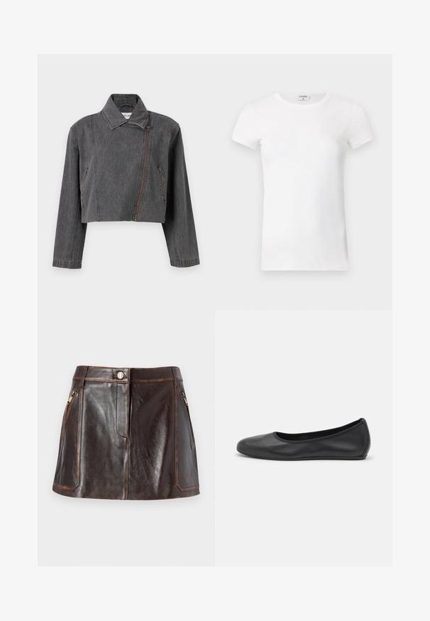 Zkrácená šedá džínová bunda s špičatým límcem, asymetrickým zapínáním na zip a dvěma postranními kapsami se zipovým detailem.; Bílý žebrovaný tričko s krátkým rukávem a kulatým výstřihem. Tkanina vypadá hladce a má těsný siluetu. Značkový štítek je viditelný na límci.; Hnědá kožená mini sukně s elegantním designem, dvěma bočními zipovými kapsami a kontrastním šitím podél okrajů.; Černé kožené baletní byty s kulatou špičkou, hladkou texturou, minimálními švy a flexibilním designem podrážky.