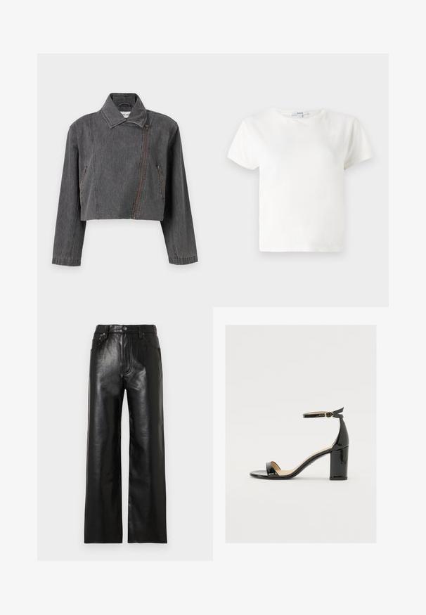 Cropped gray denim jacket featuring a pointed collar, asymmetric zip closure, and two side pockets with zipper detailing.; White cotton t-shirt with short sleeves, round neckline, and a relaxed fit. Tag visible at the collar, smooth texture. Simple design, no patterns.; Black leather wide-leg pants with a glossy finish, featuring front pockets, a zip fly, and a button closure. Smooth texture throughout.; Black patent leather sandal with a wide heel, open toe, and ankle strap featuring a gold buckle. Smooth texture and sleek design.