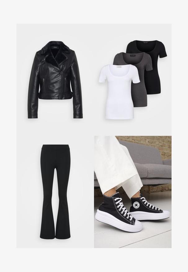 Zwarte leren bomberjack met een nepbonten kraag, ritssluitingen in de zakken en een gequilt design op de mouwen. Korte, aansluitende silhouette met een gespdetail.; Drie getailleerde T-shirts in het wit, grijs en zwart. Elk met een brede ronde hals en korte mouwen. Gemaakt van gladde, rekbare stof.; Zwarte uitlopende broek van rekbaar materiaal, met een hoge tailleband en een gladde textuur. De broek loopt uit vanaf de knie.; Zwarte hoge sneakers met witte rubberen zolen en veters. Voorzien van een ronde logo patch en contrasterende witte stiksels. Gemaakt van canvas.