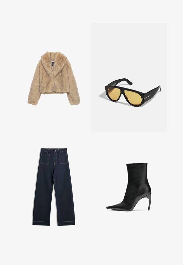 Kürzerer Kunstpelz-Jacke in hellem Beige, mit breitem Kragen und langen Ärmeln. Weicher Stoff mit sichtbaren Nähdetails.; Weißes Langarm-Turtleneck aus weichem, elastischem Stoff, mit hohem Kragen und schmalem Schnitt mit langen Ärmeln. Keine Muster oder Akzente.; Dunkelblaue weite Jeans aus Denim mit kontrastierendem hellbraunem Nähen, zwei Gesäßtaschen und einem Knopfverschluss an der Taille.; Schwarze Lederstiefelette mit spitzem Fuß und hohem Stiletto-Absatz. Die glatte Textur und das minimalistische Design betonen moderne Eleganz.; Schwarze Sonnenbrille mit geometrischem Rahmen, gelben Gläsern und goldenen Akzenten an den Bügeln. Glatte Oberfläche, breiter Schnitt, zeitgemäßes Design.; Braune Wildleder-Handtasche mit zwei oberen Griffen, abnehmbarem Schultergurt, vorderer Klappe und einem Etikett, das "Echtes Leder" anzeigt. Goldfarbene Hardware-Akzente.
