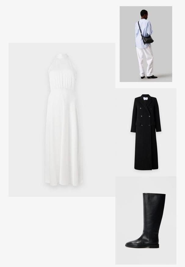 Samsøe Samsøe COAT MAXI - Palton clasic - black; Rochie maxi albă cu gât halter, cu un bust ajustat, talie strânsă și fustă fluidă. Material neted cu un luciu subtil.; Cizmă neagră din piele până la genunchi, cu vârf rotund, textură netedă, design minimalist și talpă plată. Detalii simple de cusătură pe tijă.; Geantă de umăr din piele neagră cu o textură moale, formă triunghiulară și curea ajustabilă, asortată cu o bluză cu dungi albastre deschise și pantaloni albi.