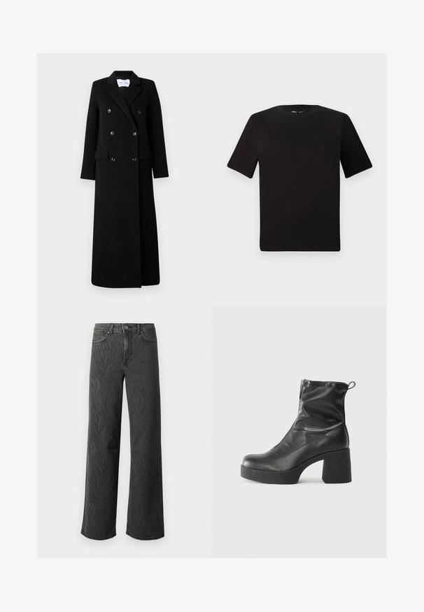 Samsøe Samsøe COAT MAXI - Klasičan kaput - black; Crna majica kratkih rukava s okruglim izrezom, izrađena od mekane pamučne tkanine. Jednostavan dizajn, bez vidljivih logotipa ili uzoraka.; Široke traperice od tamno sive denima, s nježnom zebrom uzorak tekstura, kontrastnim šavovima i dizajnom s pet džepova uz dugme.; Crne gležnjače od glatke kože, s bočnim zatvaračem, debelim teksturiranim potplatom i dizajnom s zaobljenim prstima.