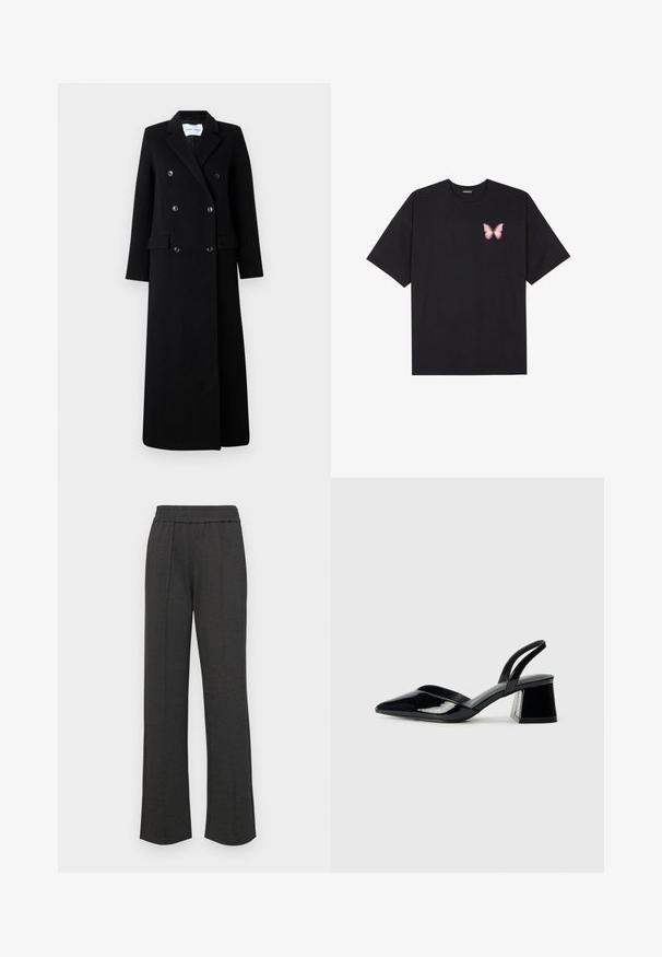 Samsøe Samsøe COAT MAXI - Casaco clássico - black; T-shirt de algodão preto com mangas curtas, apresentando um pequeno gráfico de borboleta rosa no lado esquerdo do peito. Design de gola redonda com um corte solto.; Calças retas pretas com uma cintura elástica, pregas frontais, tecido macio e sem padrões ou detalhes em metal visíveis.; Sandy em verniz preto com salto slingback, ponta afilada e salto geométrico. Apresenta um design elegante e minimalista com textura suave.