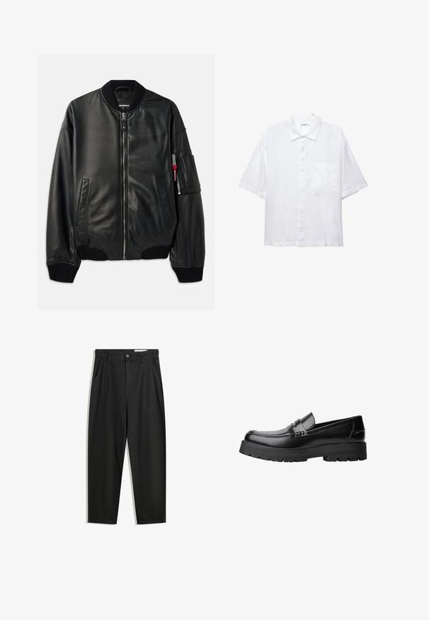 Svart läderbomberjacka med dragkedjestängning, ribbat krage och manschetter, sidfickor och en texturerad finish. Har en röd detalj på ärmen.; Vit kortärmad skjorta med knappslå framtill, krage och en bröstficka. Tillverkad av lätt tyg med en slät textur.; Svarta bomullsshorts med avslappnad passform, med en klassisk midja, framveck och sidfickor. Slät textur utan mönster.; Svart läderloafer med kraftig mönstrad sula och dekorativ rem över framtill, visad i vänster sidoprofil på vit bakgrund.