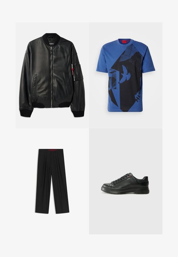 Giubbotto bomber in pelle nera con chiusura a zip, colletto e polsini a coste, tasche laterali e finitura testurizzata. Presenta un accento rosso sulla manica.; T-shirt in cotone blu con collo a giro, caratterizzata da un motivo grafico nero che include forme e uccelli, e un'etichetta rossa sulcollo.; Pantaloni neri a gamba larga con fronte piatto, due tasche laterali, design plissettato e un elastico in vita di colore rosso a contrasto.; Sneaker nera in pelle con superficie testurizzata, collo imbottito e dettaglio logo rosso. Presenta una suola in gomma spessa con un motivo di battistrada distintivo.