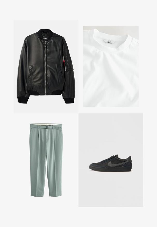 Chaqueta bomber de cuero negro con cierre de cremallera, cuello y puños acanalados, bolsillos laterales y un acabado texturizado. Presenta un acento rojo en la manga.; Camiseta blanca básica con una vista en primer plano del escote y la etiqueta, que muestra "NEXT EDIT." sobre un fondo claro.; Pantalones ajustados de suave tejido verde menta con pliegues frontales, una cintura con trabillas y cremallera. La textura suave realza su versatilidad.; Zapatillas de ante negro con un perfil bajo, suela de goma, paneles laterales texturizados y logotipo de Nike en tono a juego. Cierre con cordones en la parte delantera, cuello acolchado.