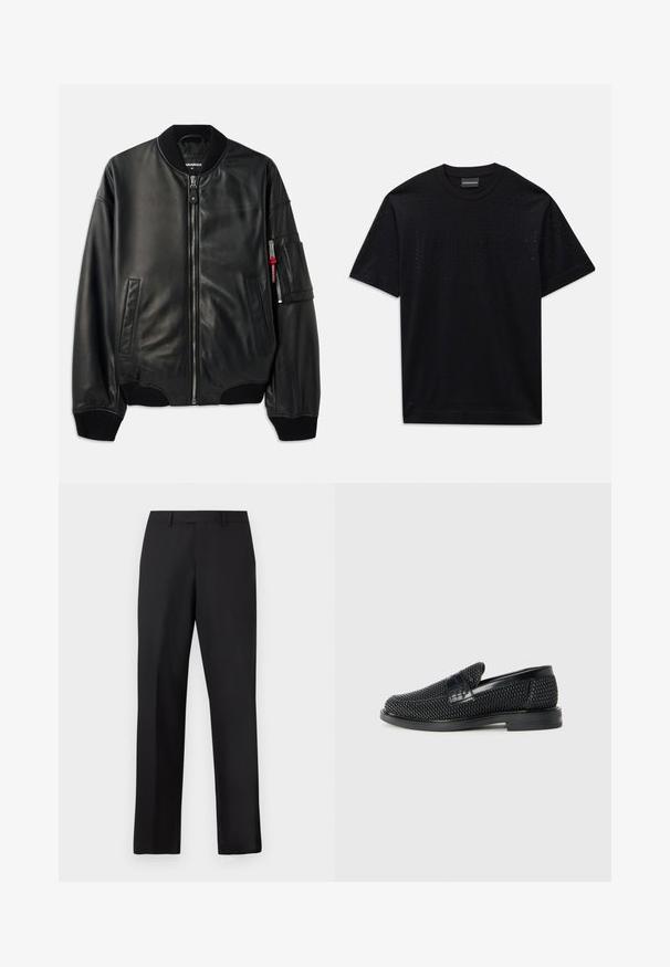Black leather bomber jacket with zip closure, ribbed collar and cuffs, side pockets, and a textured finish. Features a red accent on the sleeve.; Black short-sleeve t-shirt with subtle perforated pattern and faint embossed logo across the chest, round neckline.; Black, straight-leg trousers made of smooth fabric. Features a standard waistband and no visible patterns or accents.; Black woven slip-on shoe with a smooth leather accent on the upper, a round toe design, and a low-profile rubber sole.